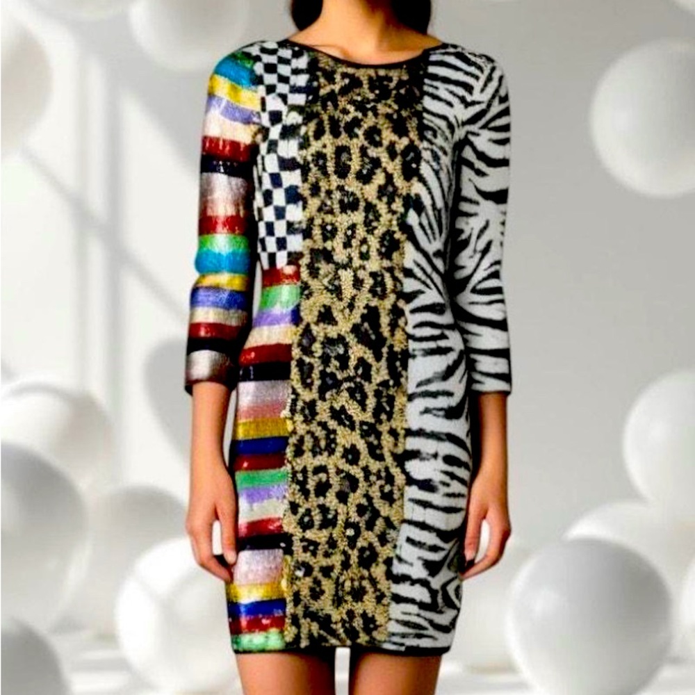 Alice + Olivia Vibrant Mixed Pattern Sequin Dress